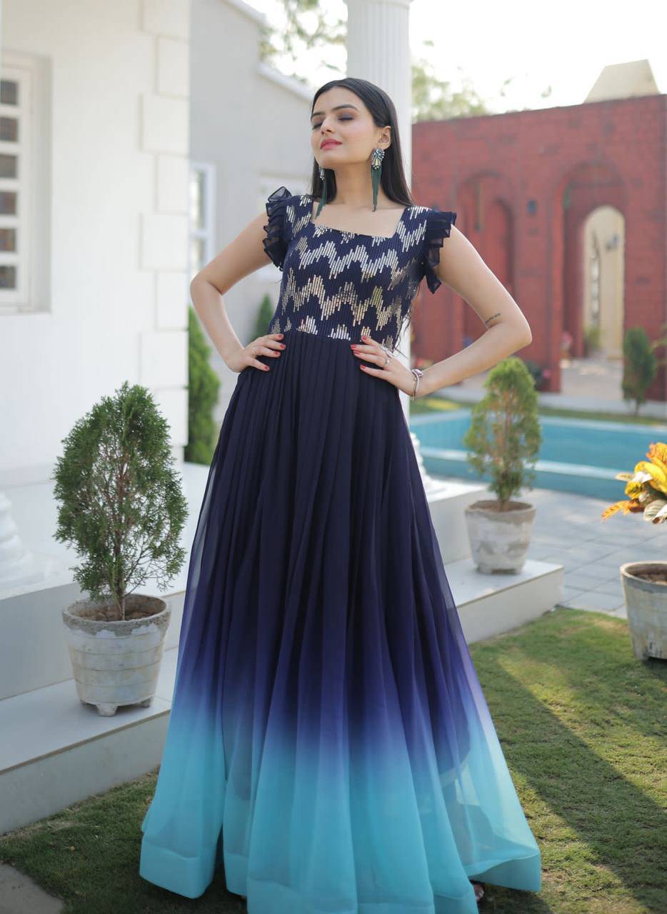 Dashing Faux Georgette Shaded Sequins Worked Gown - INDIAN ELEGANCE