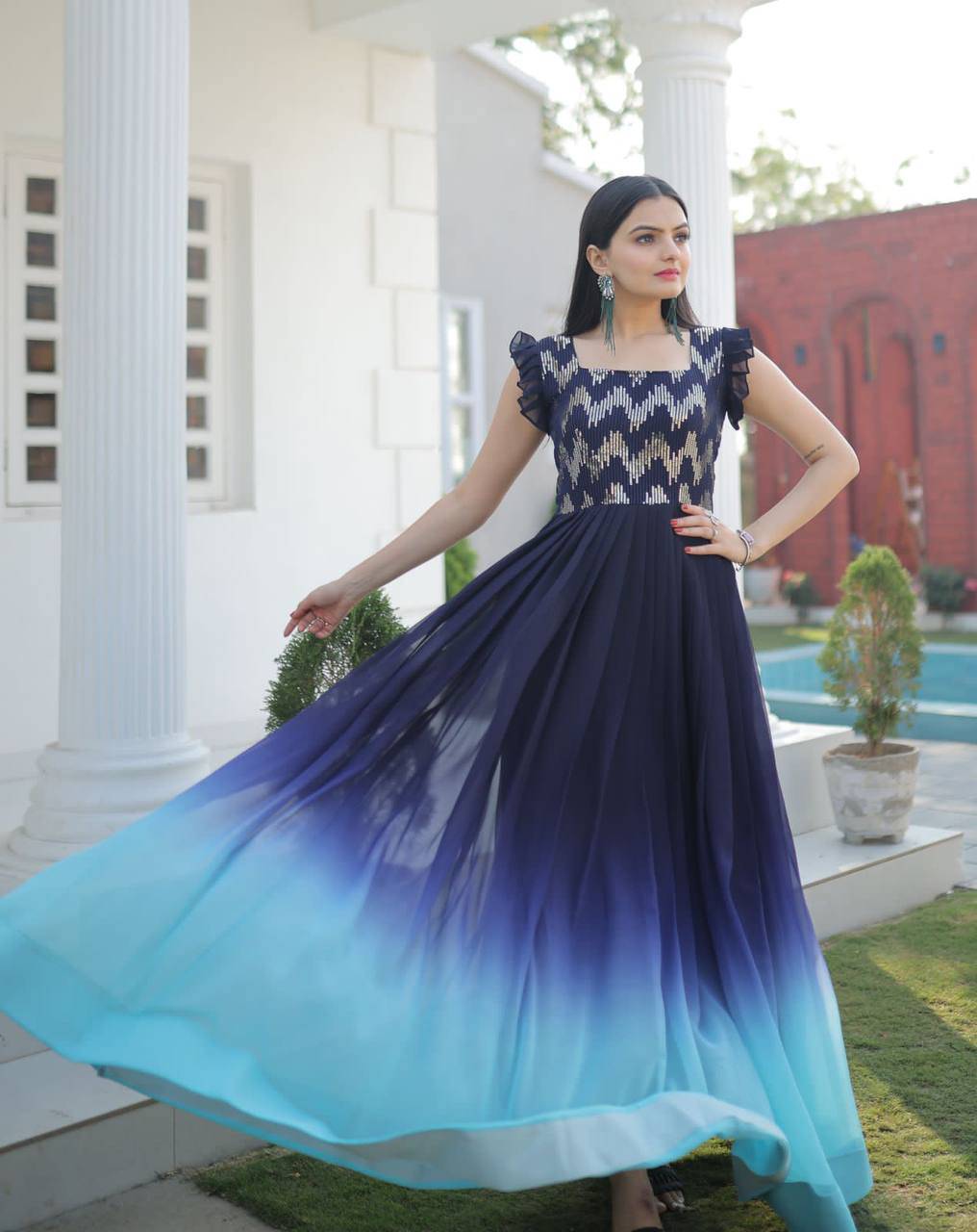 Dashing Faux Georgette Shaded Sequins Worked Gown - INDIAN ELEGANCE