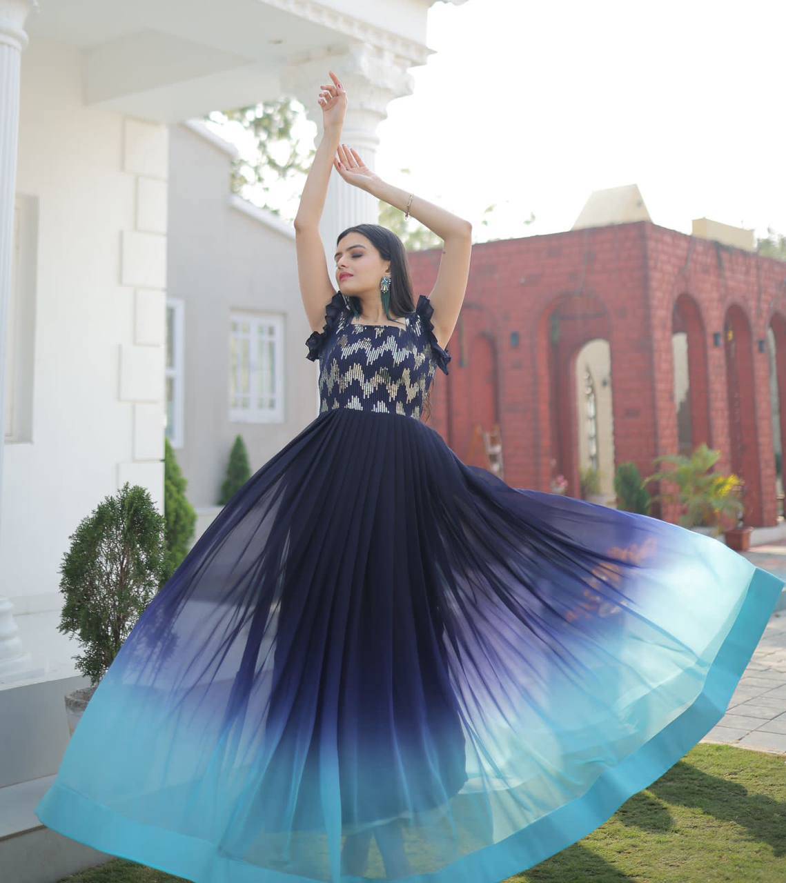 Dashing Faux Georgette Shaded Sequins Worked Gown - INDIAN ELEGANCE
