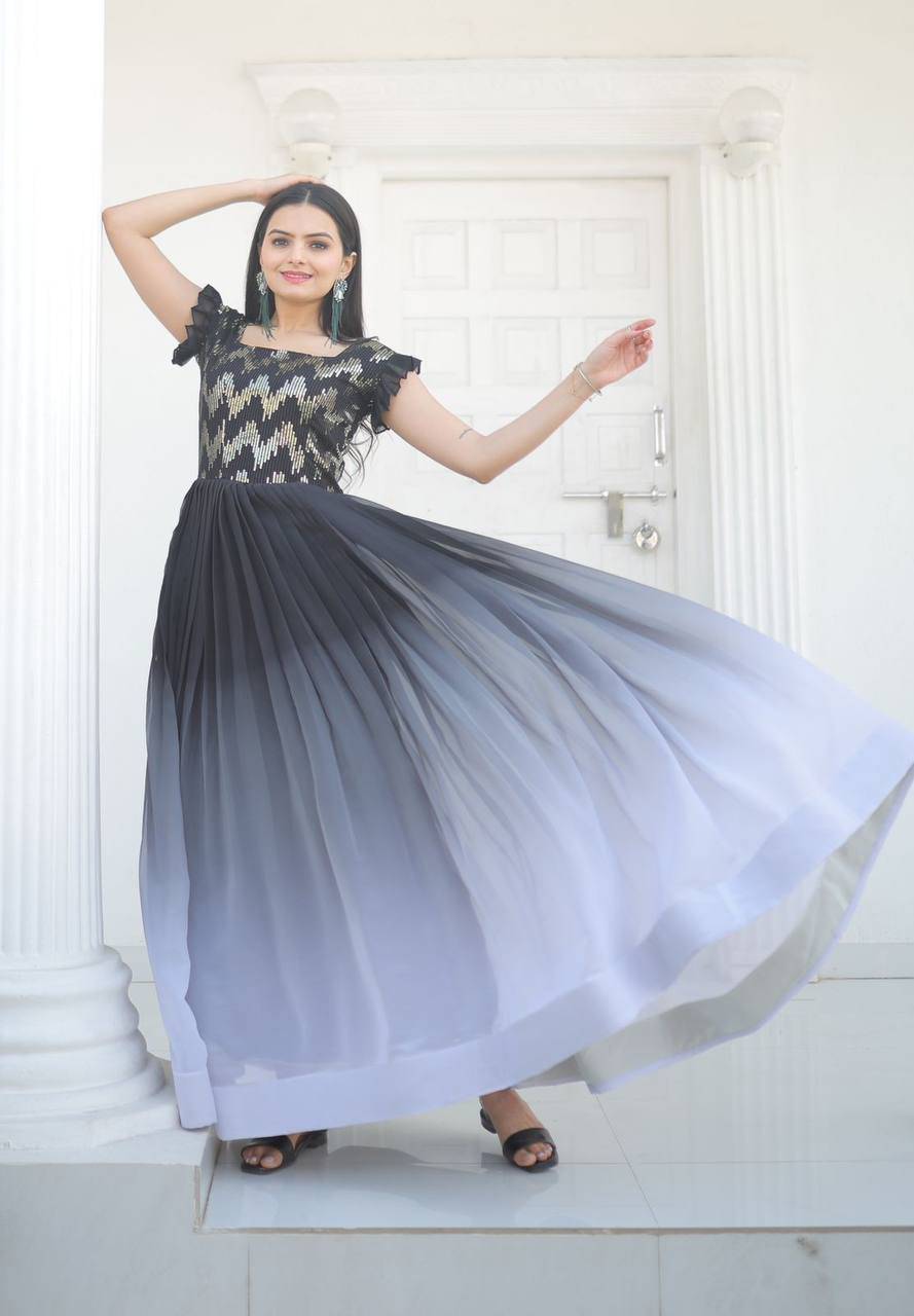 Dashing Faux Georgette Shaded Sequins Worked Gown - INDIAN ELEGANCE