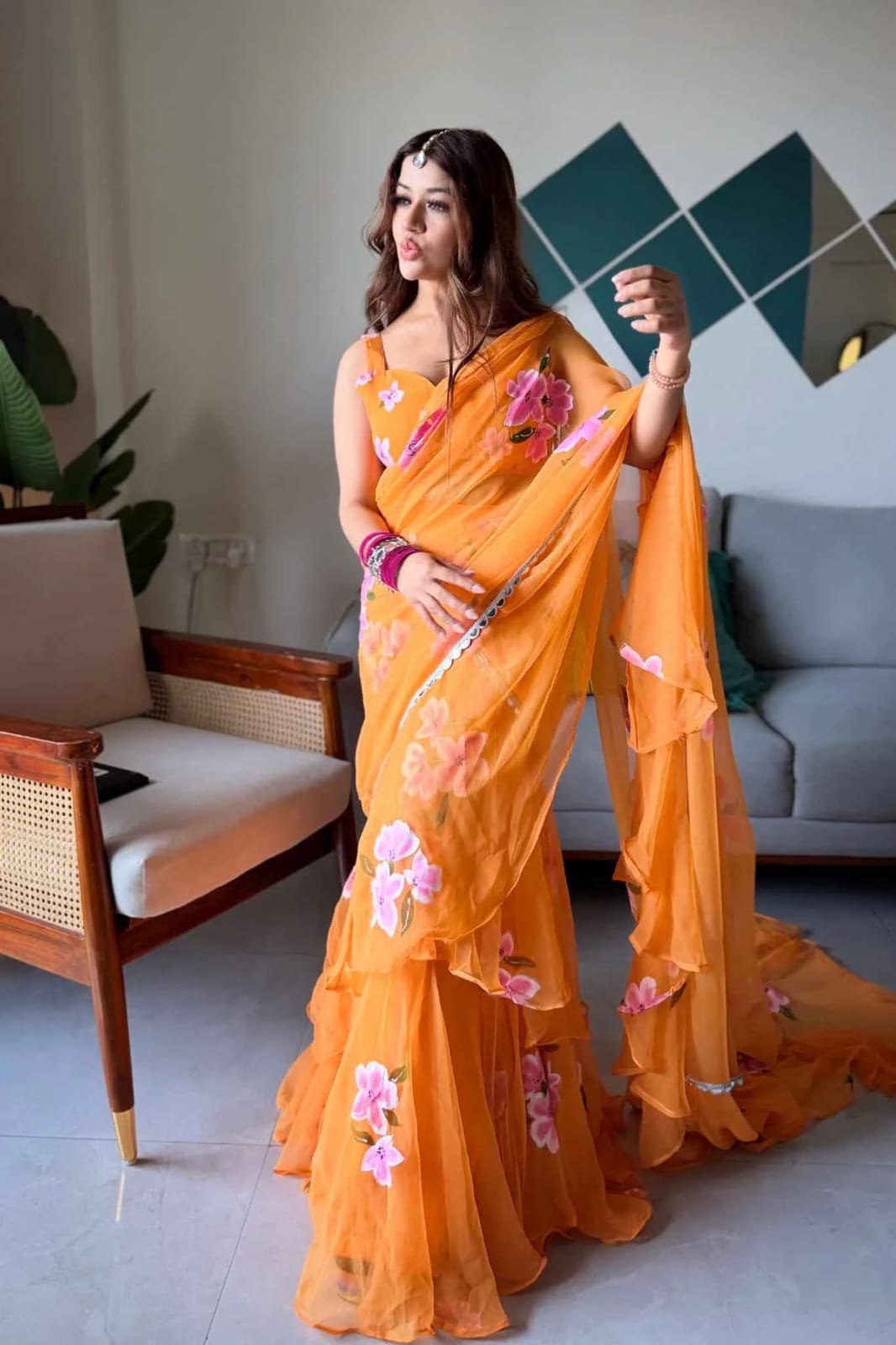Party Wear Mustard Bloom Ruffle Lehenga Saree Set for Women – Ready to Wear Georgette Party Wear Saree