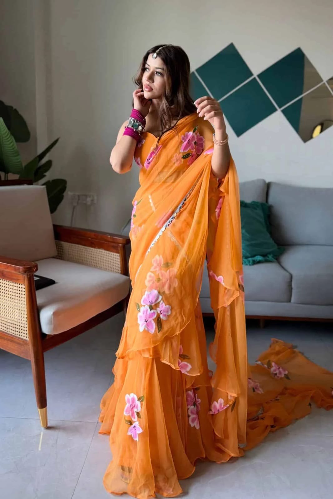 Party Wear Mustard Bloom Ruffle Lehenga Saree Set for Women – Ready to Wear Georgette Party Wear Saree