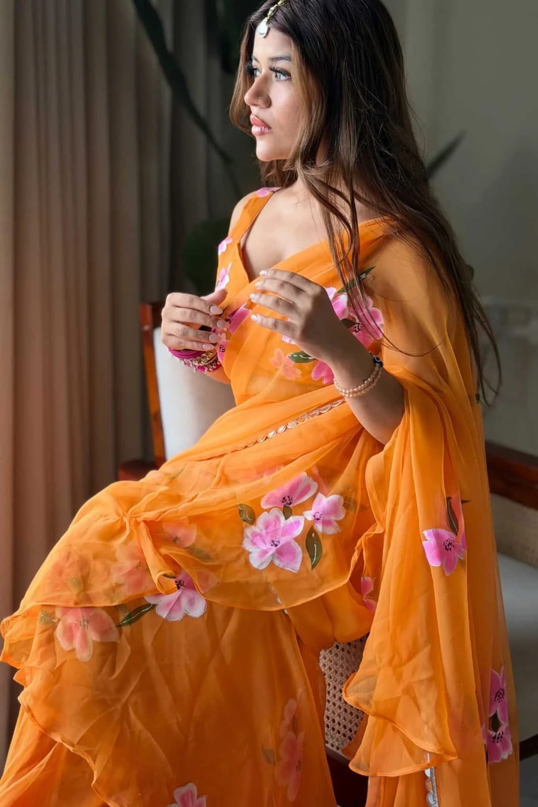 Party Wear Mustard Bloom Ruffle Lehenga Saree Set for Women – Ready to Wear Georgette Party Wear Saree