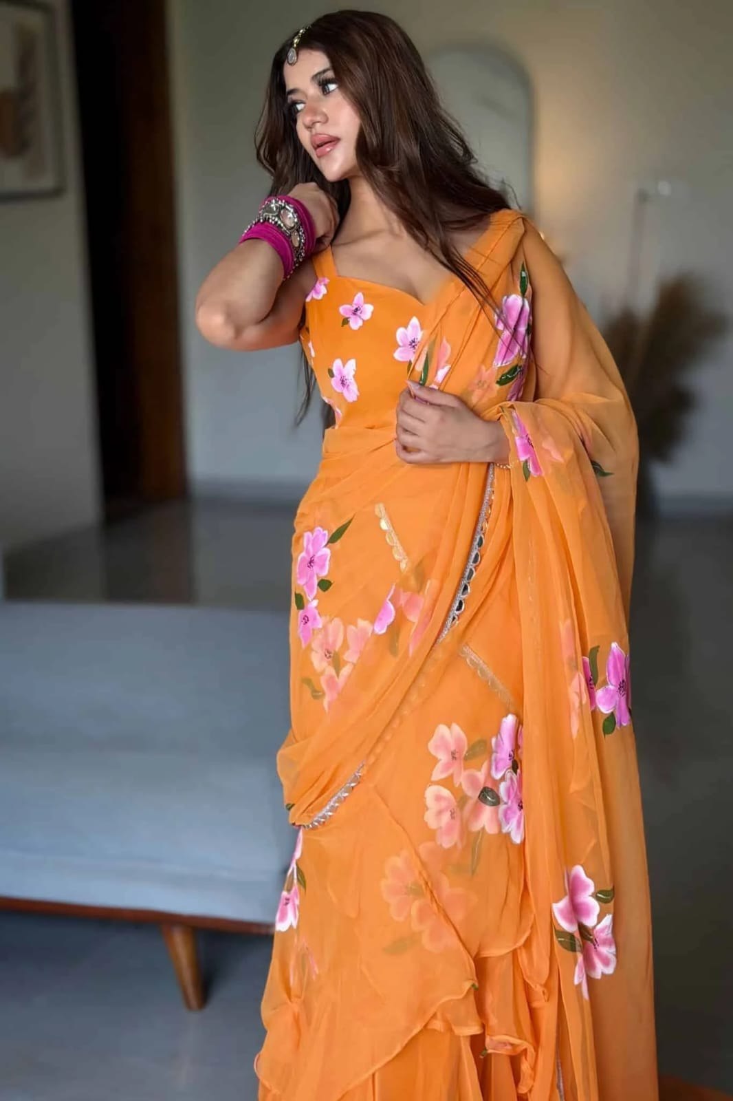 Party Wear Mustard Bloom Ruffle Lehenga Saree Set for Women – Ready to Wear Georgette Party Wear Saree