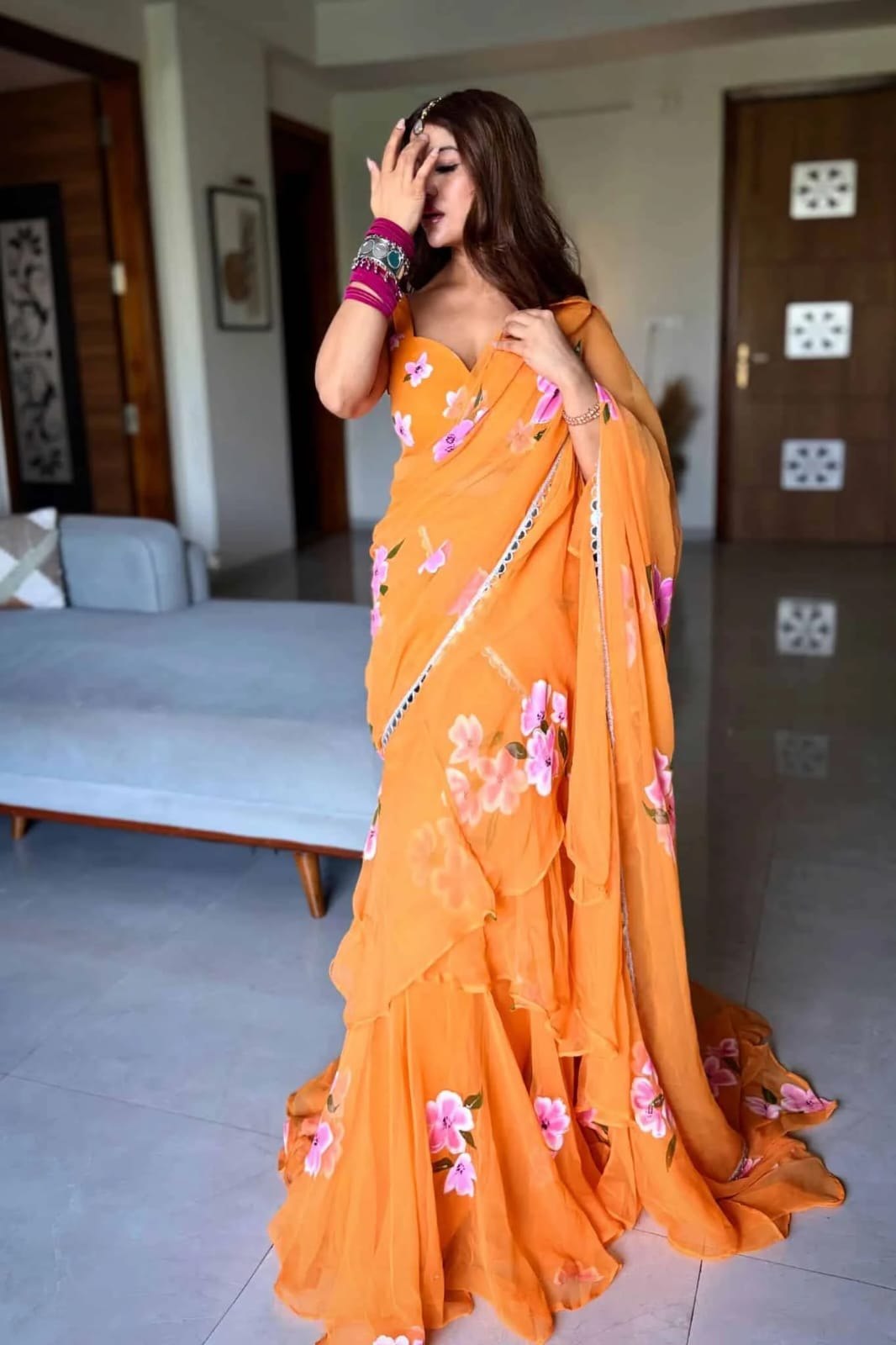 Party Wear Mustard Bloom Ruffle Lehenga Saree Set for Women – Ready to Wear Georgette Party Wear Saree