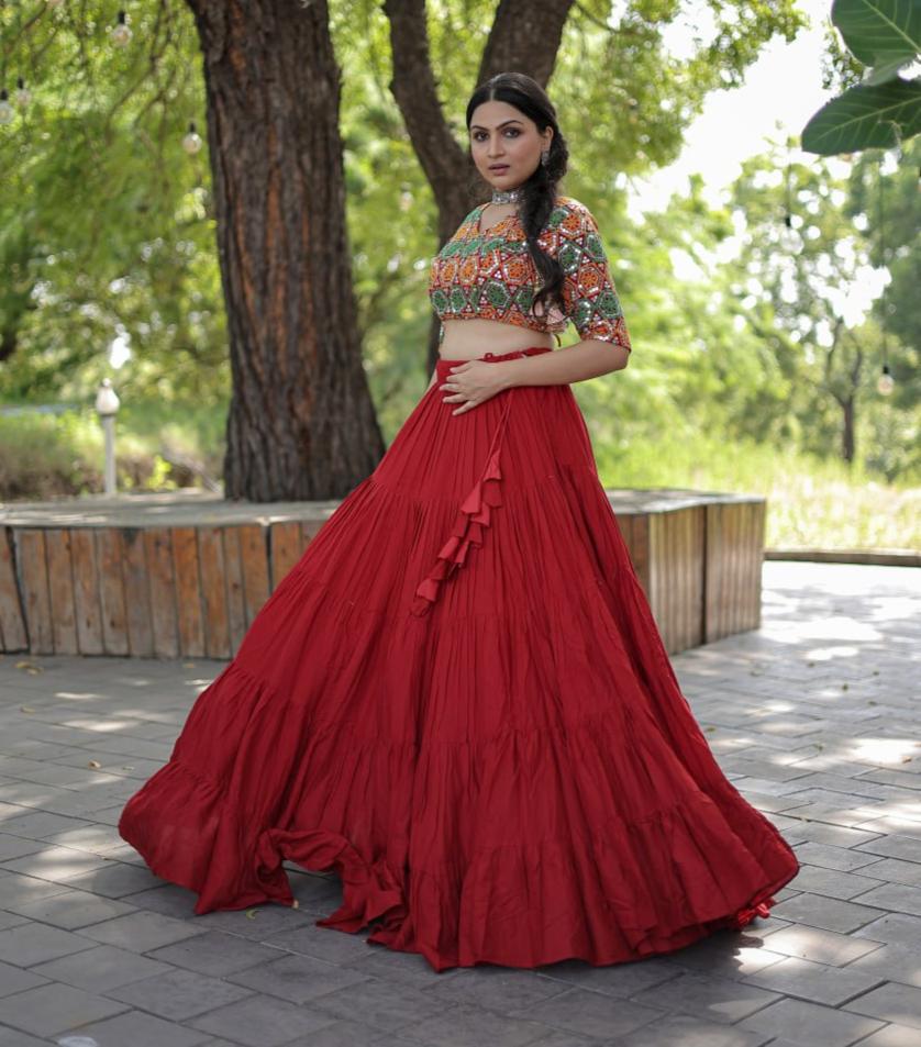 Glorious Navratri Wear Rayon Ruffle Fully Stitched Lehenga Choli - INDIAN ELEGANCE