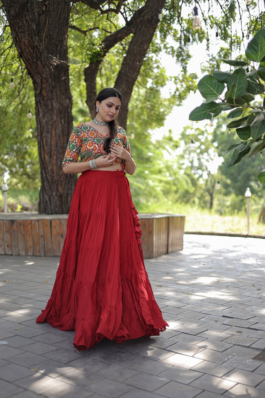 Glorious Navratri Wear Rayon Ruffle Fully Stitched Lehenga Choli - INDIAN ELEGANCE