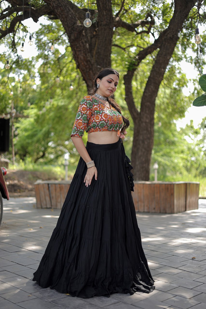 Glorious Navratri Wear Rayon Ruffle Fully Stitched Lehenga Choli - INDIAN ELEGANCE