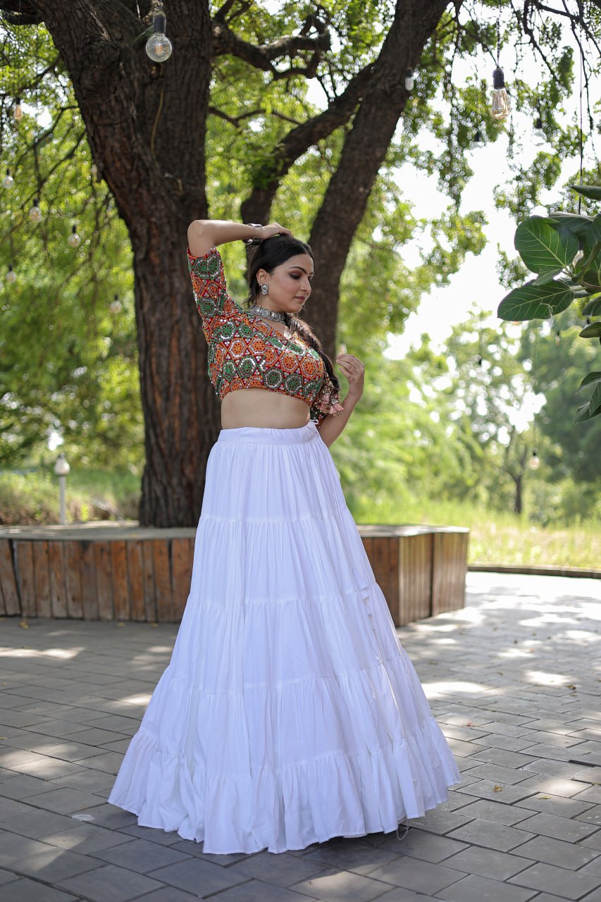 Glorious Navratri Wear Rayon Ruffle Fully Stitched Lehenga Choli - INDIAN ELEGANCE