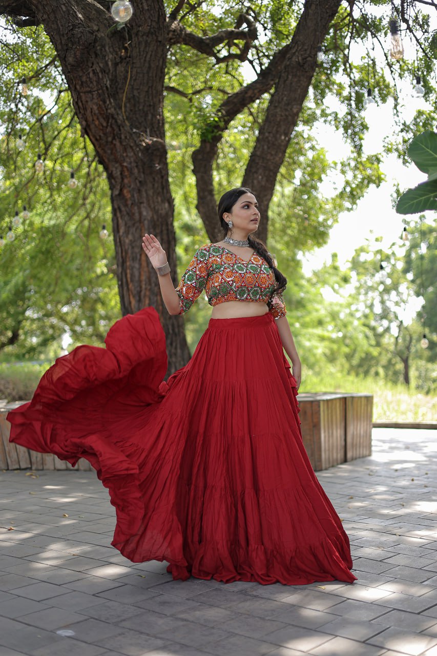 Glorious Navratri Wear Rayon Ruffle Fully Stitched Lehenga Choli - INDIAN ELEGANCE