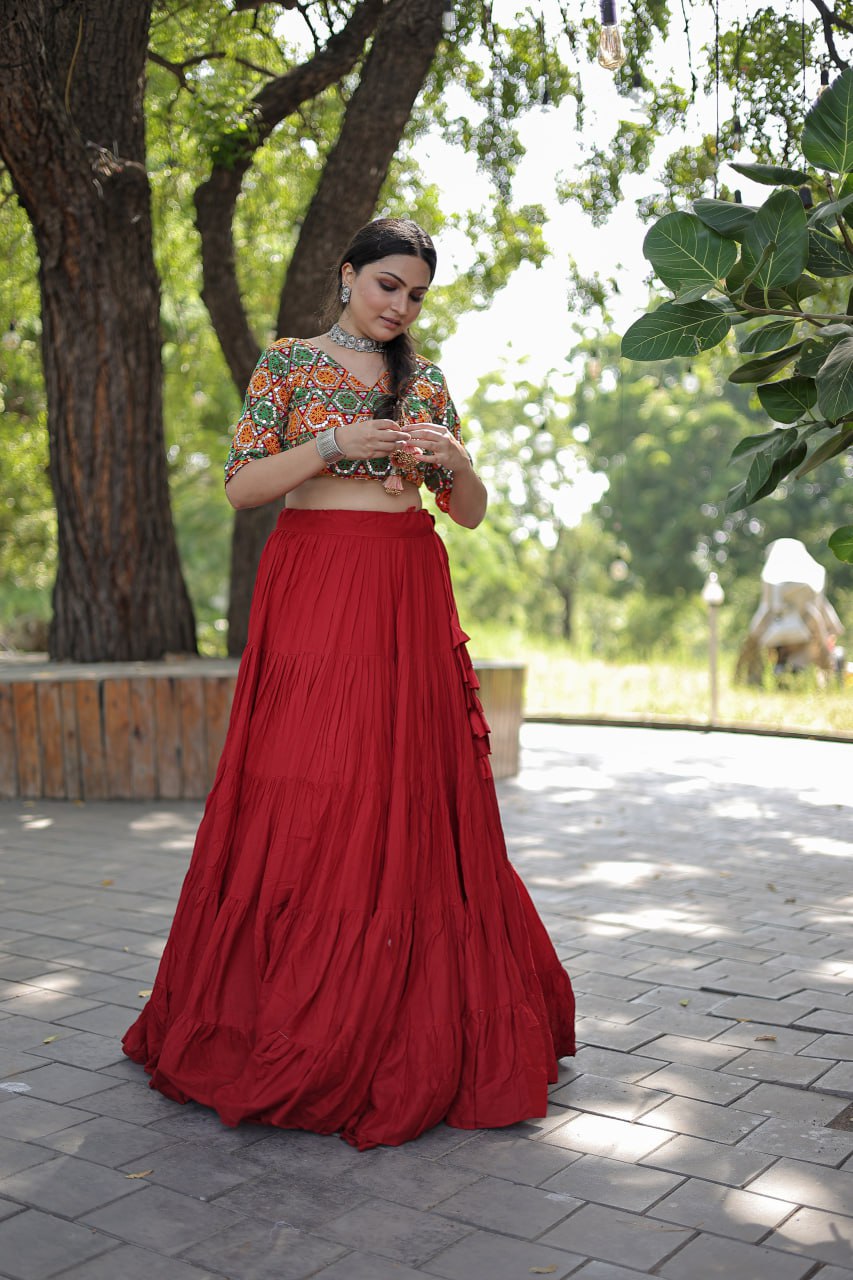 Glorious Navratri Wear Rayon Ruffle Fully Stitched Lehenga Choli - INDIAN ELEGANCE