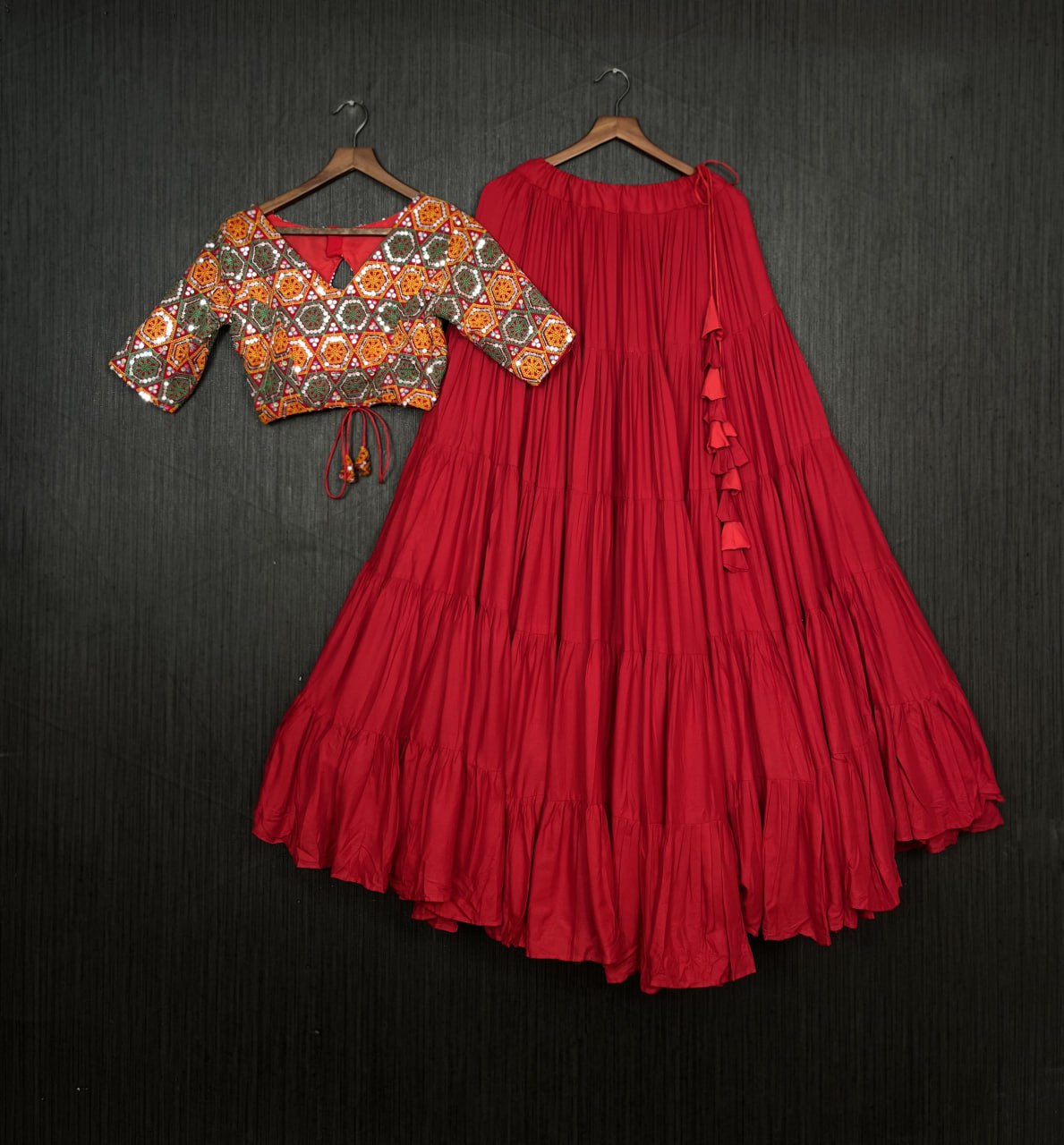 Glorious Navratri Wear Rayon Ruffle Fully Stitched Lehenga Choli - INDIAN ELEGANCE