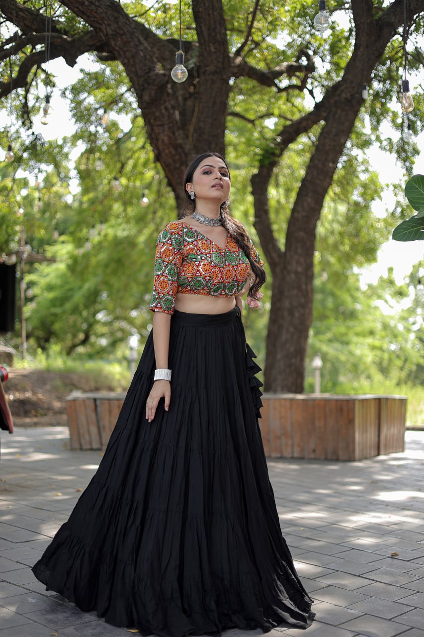 Glorious Navratri Wear Rayon Ruffle Fully Stitched Lehenga Choli - INDIAN ELEGANCE