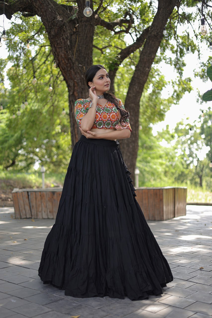 Glorious Navratri Wear Rayon Ruffle Fully Stitched Lehenga Choli - INDIAN ELEGANCE