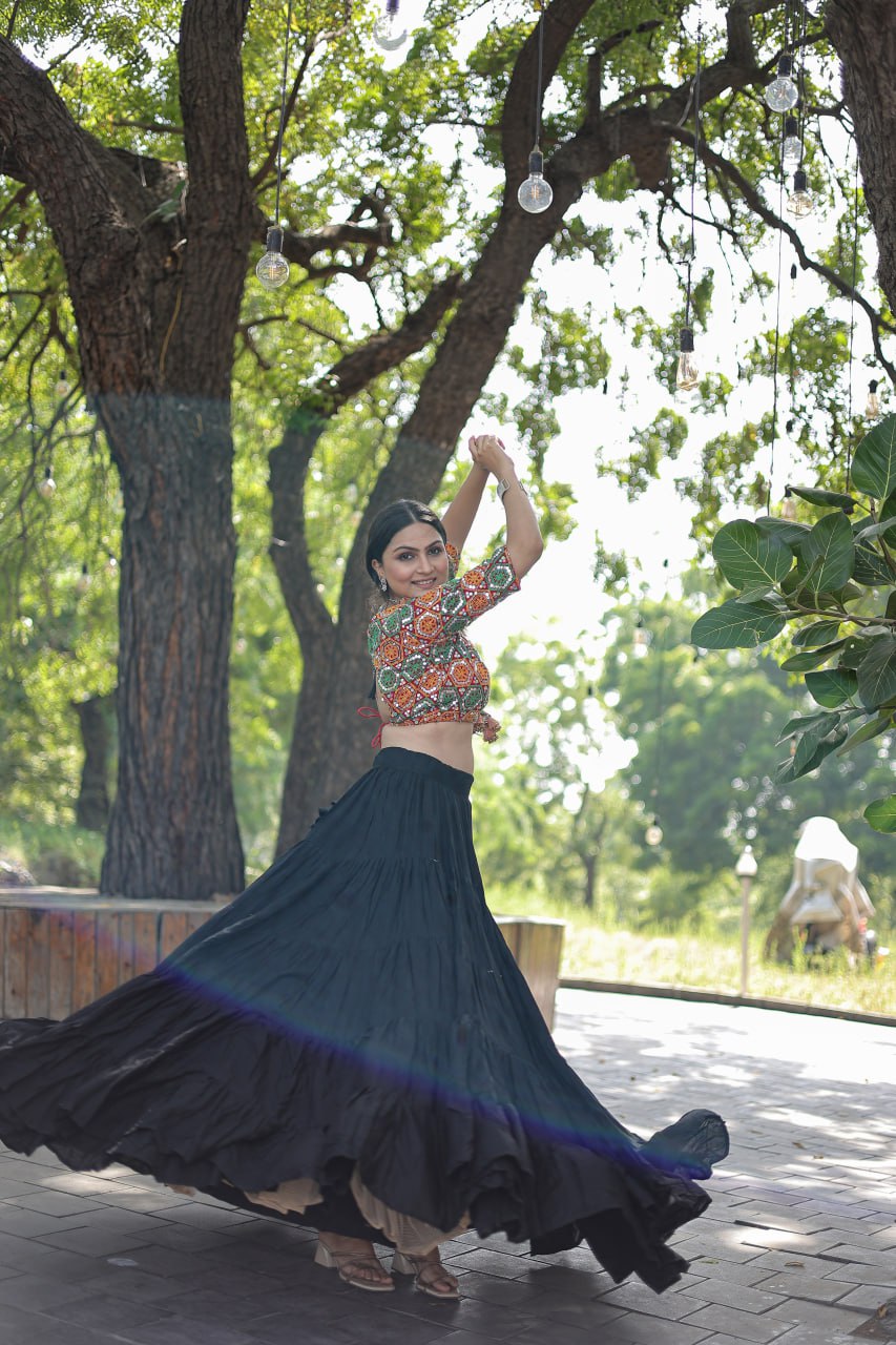 Glorious Navratri Wear Rayon Ruffle Fully Stitched Lehenga Choli - INDIAN ELEGANCE