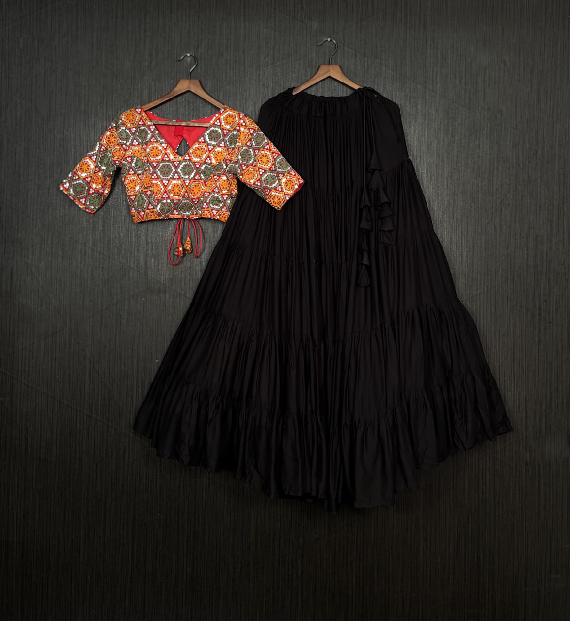 Glorious Navratri Wear Rayon Ruffle Fully Stitched Lehenga Choli - INDIAN ELEGANCE