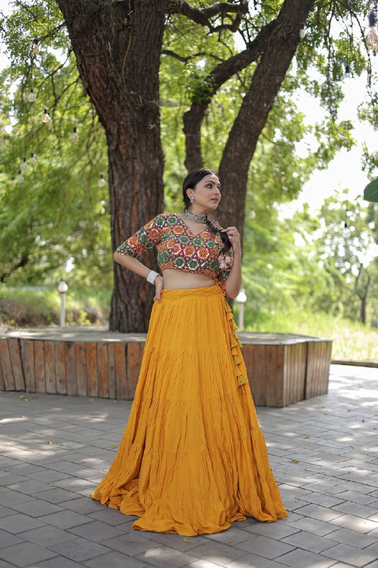 Glorious Navratri Wear Rayon Ruffle Fully Stitched Lehenga Choli - INDIAN ELEGANCE