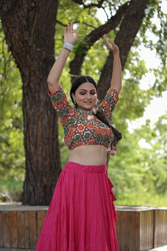 Glorious Navratri Wear Rayon Ruffle Fully Stitched Lehenga Choli - INDIAN ELEGANCE