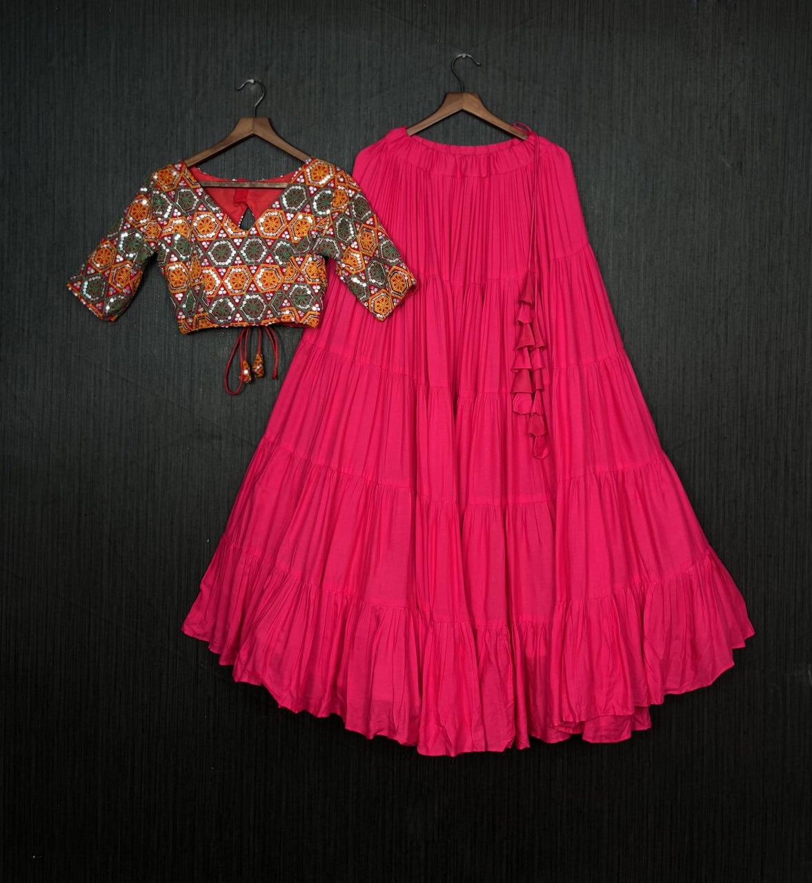 Glorious Navratri Wear Rayon Ruffle Fully Stitched Lehenga Choli - INDIAN ELEGANCE