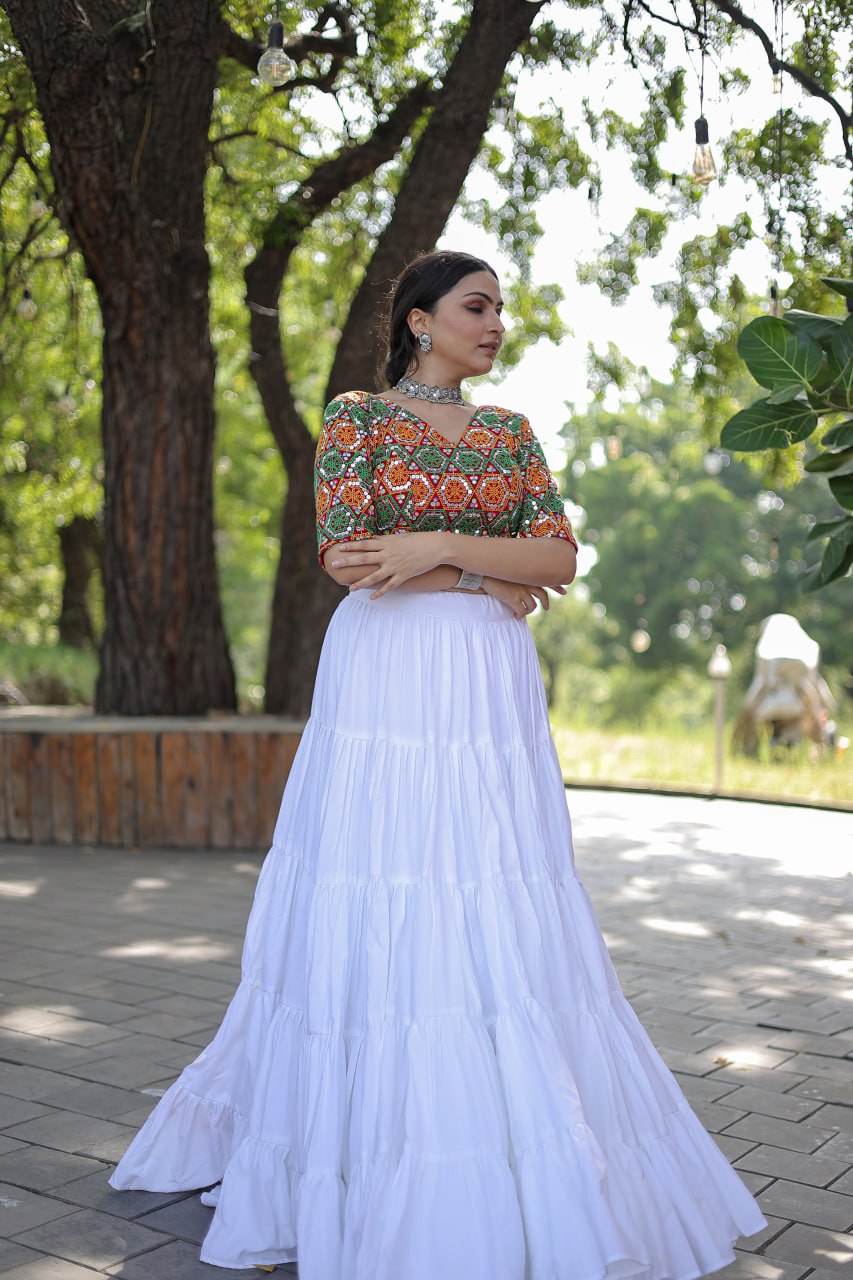 Glorious Navratri Wear Rayon Ruffle Fully Stitched Lehenga Choli - INDIAN ELEGANCE
