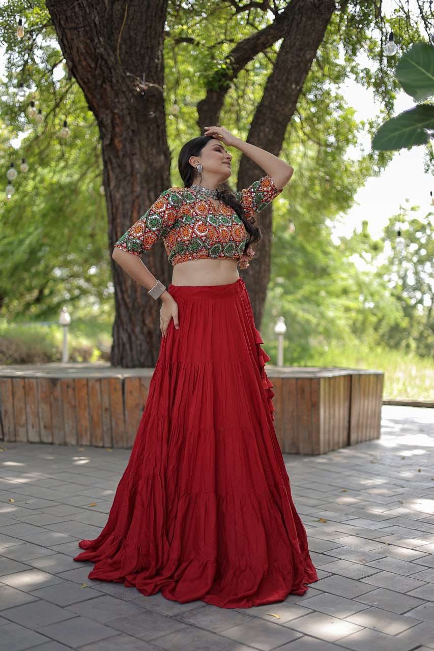 Glorious Navratri Wear Rayon Ruffle Fully Stitched Lehenga Choli - INDIAN ELEGANCE