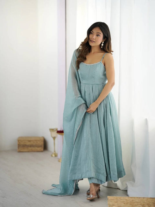 Elegant Party Wear Palazzo Set Sky Blue Crunch Silk Anarkali Suit Set for Women