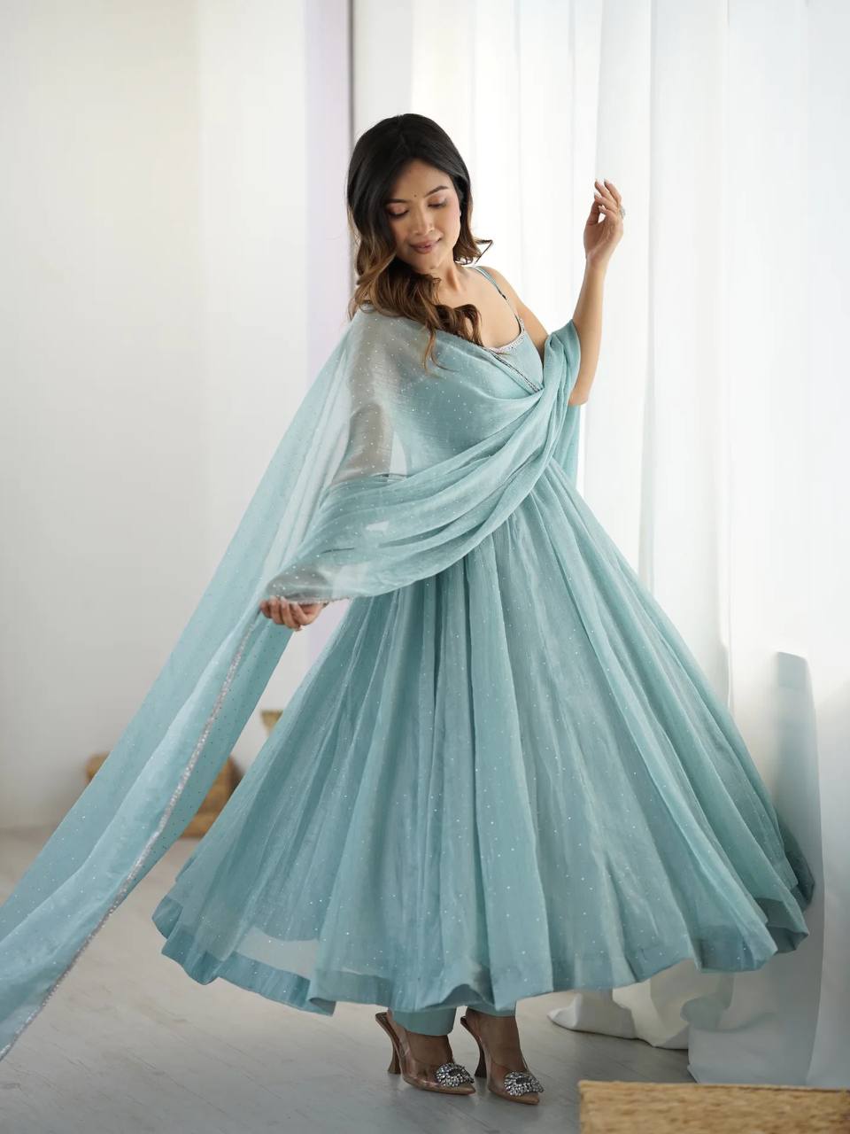 Elegant Party Wear Palazzo Set Sky Blue Crunch Silk Anarkali Suit Set for Women