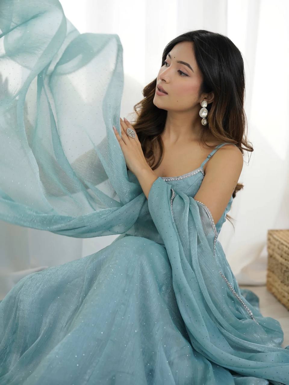 Elegant Party Wear Palazzo Set Sky Blue Crunch Silk Anarkali Suit Set for Women