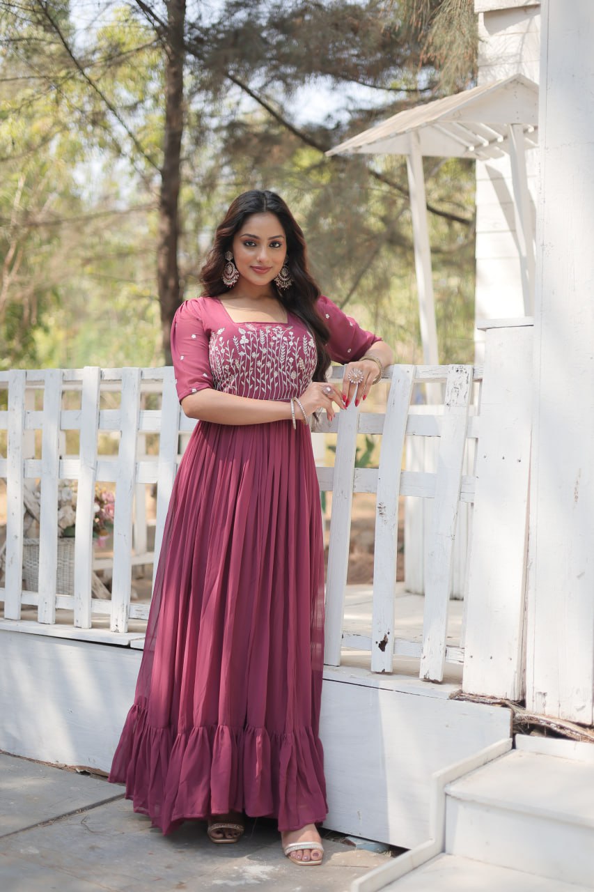 Glorious Faux Georgette Sequins Thread Worked Stitched Gown - INDIAN ELEGANCE