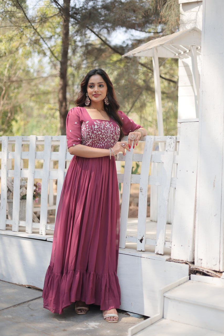 Glorious Faux Georgette Sequins Thread Worked Stitched Gown - INDIAN ELEGANCE