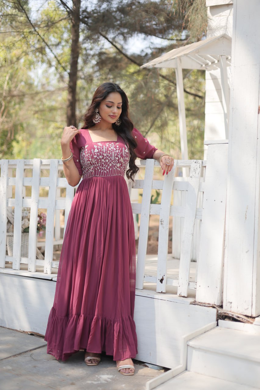 Glorious Faux Georgette Sequins Thread Worked Stitched Gown - INDIAN ELEGANCE