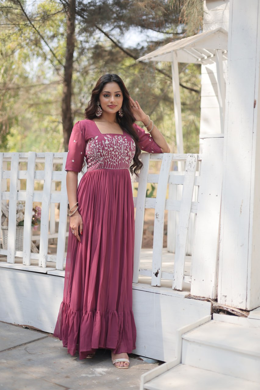 Glorious Faux Georgette Sequins Thread Worked Stitched Gown - INDIAN ELEGANCE