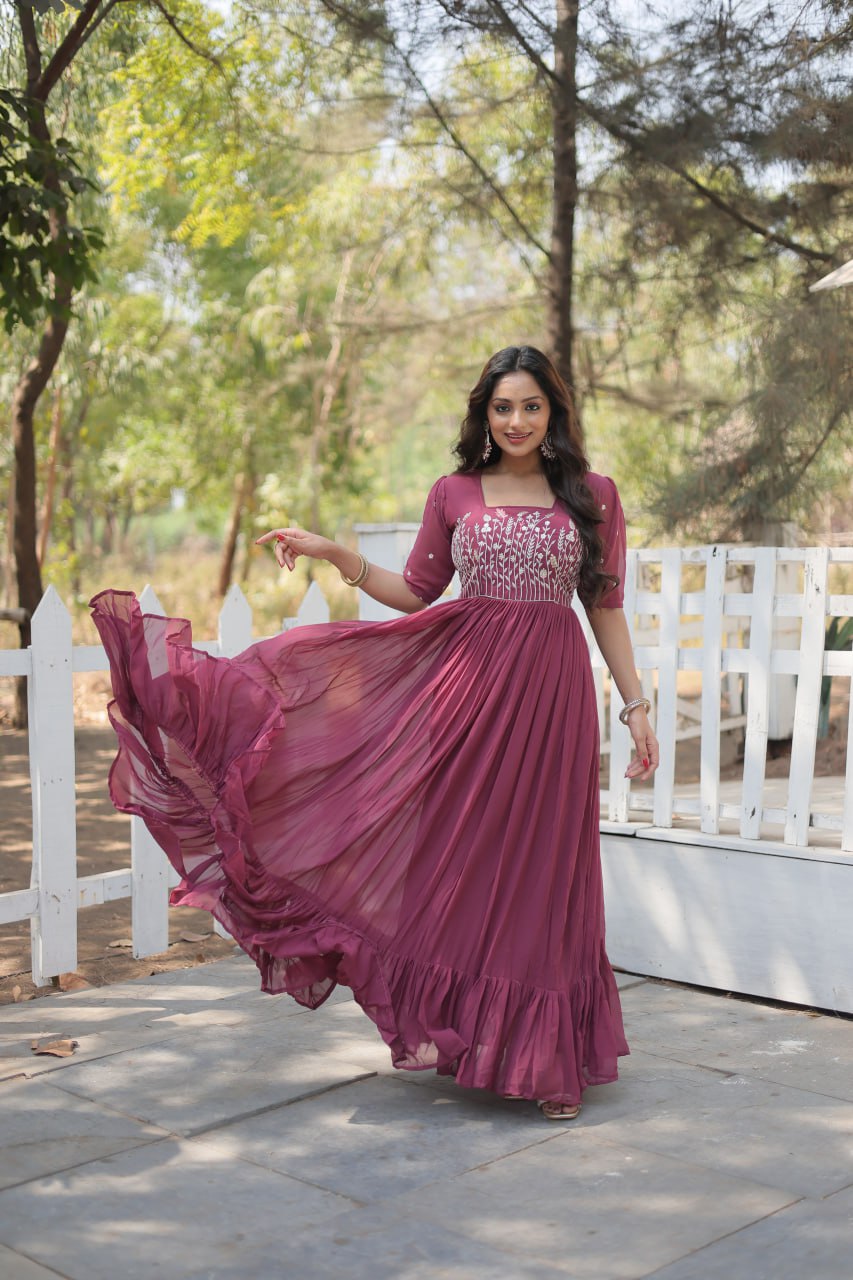 Glorious Faux Georgette Sequins Thread Worked Stitched Gown - INDIAN ELEGANCE