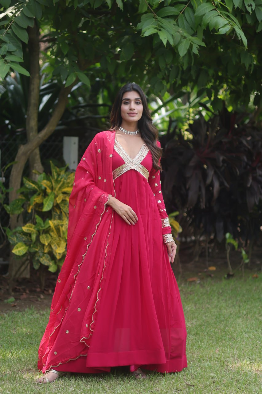 Glamorous Faux Georgette Zari Sequins Worked Gown - INDIAN ELEGANCE