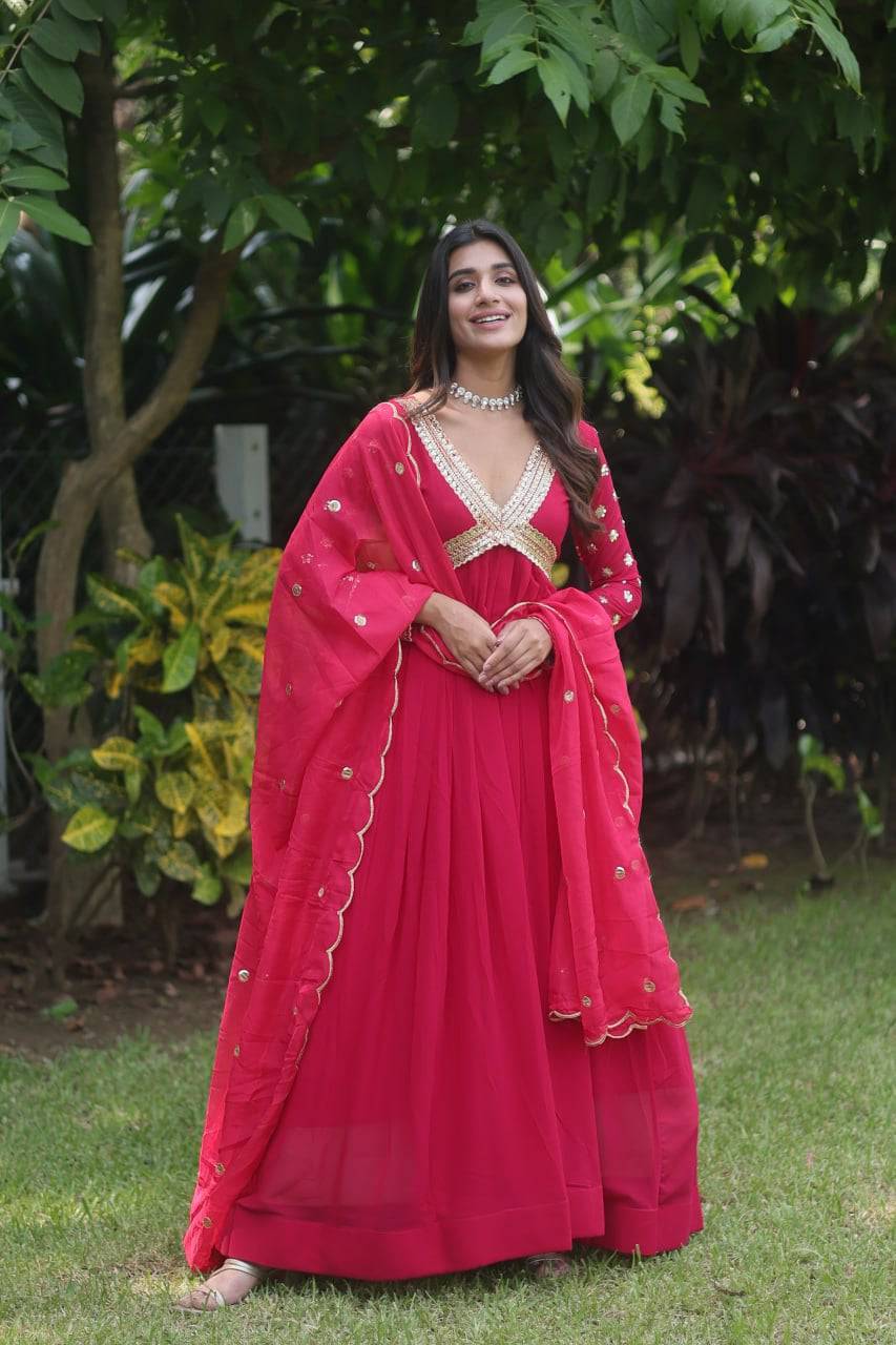 Glamorous Faux Georgette Zari Sequins Worked Gown - INDIAN ELEGANCE