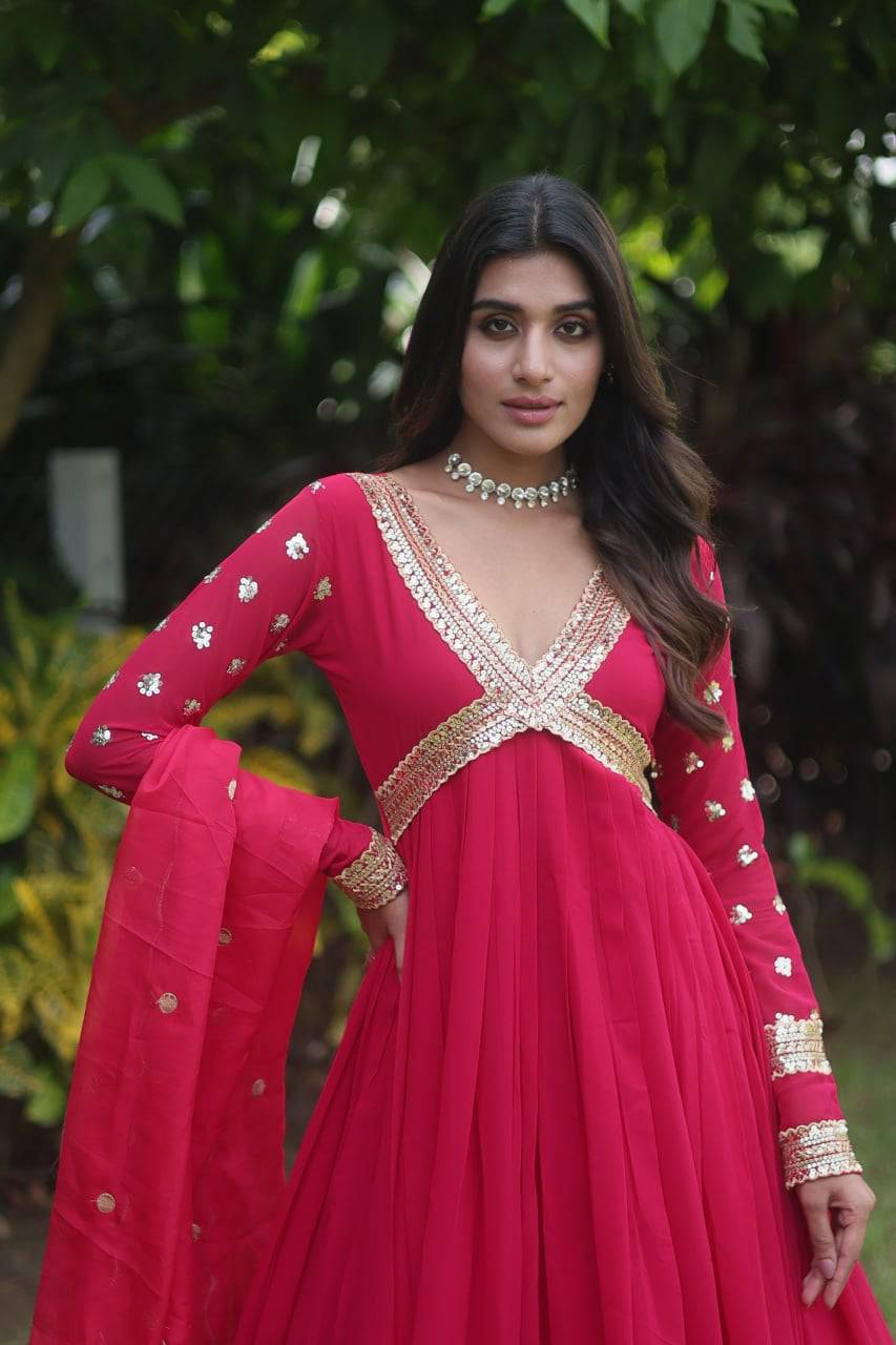 Glamorous Faux Georgette Zari Sequins Worked Gown - INDIAN ELEGANCE