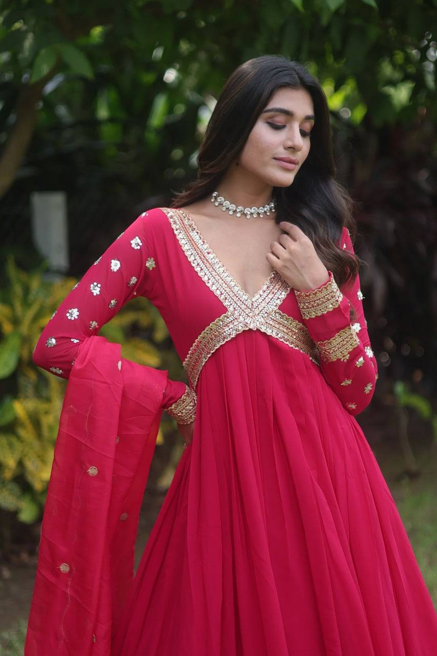 Glamorous Faux Georgette Zari Sequins Worked Gown - INDIAN ELEGANCE