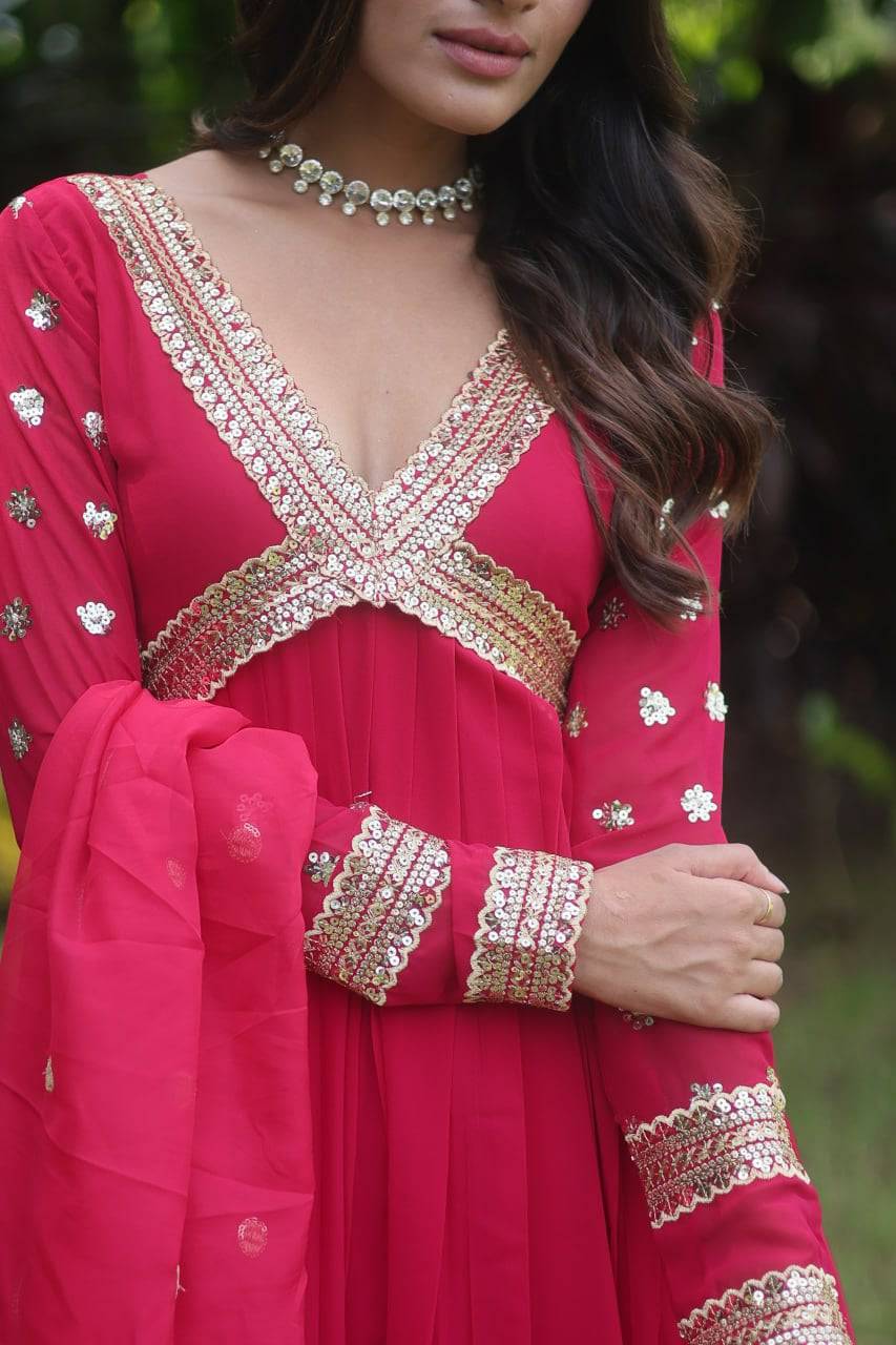 Glamorous Faux Georgette Zari Sequins Worked Gown - INDIAN ELEGANCE