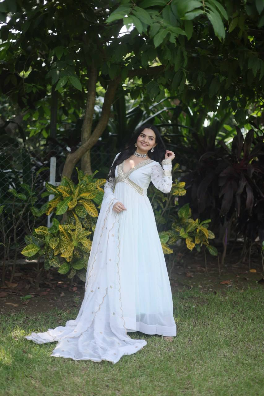 Glamorous Faux Georgette Zari Sequins Worked Gown - INDIAN ELEGANCE