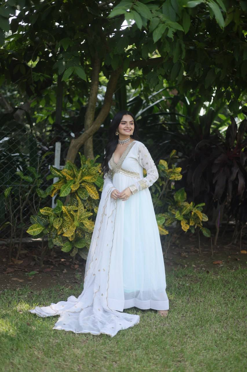 Glamorous Faux Georgette Zari Sequins Worked Gown - INDIAN ELEGANCE