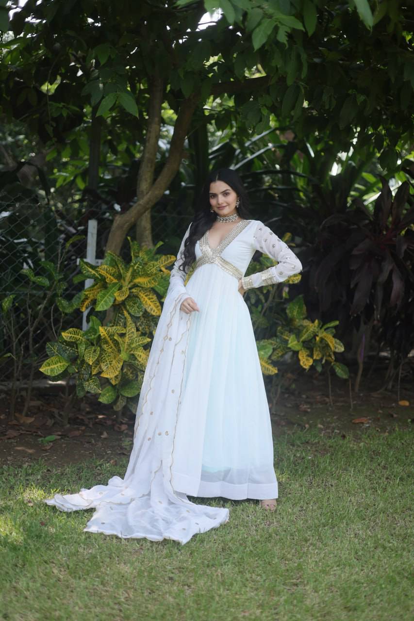 Glamorous Faux Georgette Zari Sequins Worked Gown - INDIAN ELEGANCE