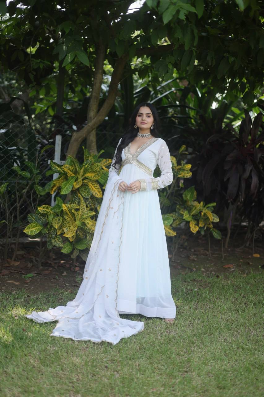 Glamorous Faux Georgette Zari Sequins Worked Gown - INDIAN ELEGANCE