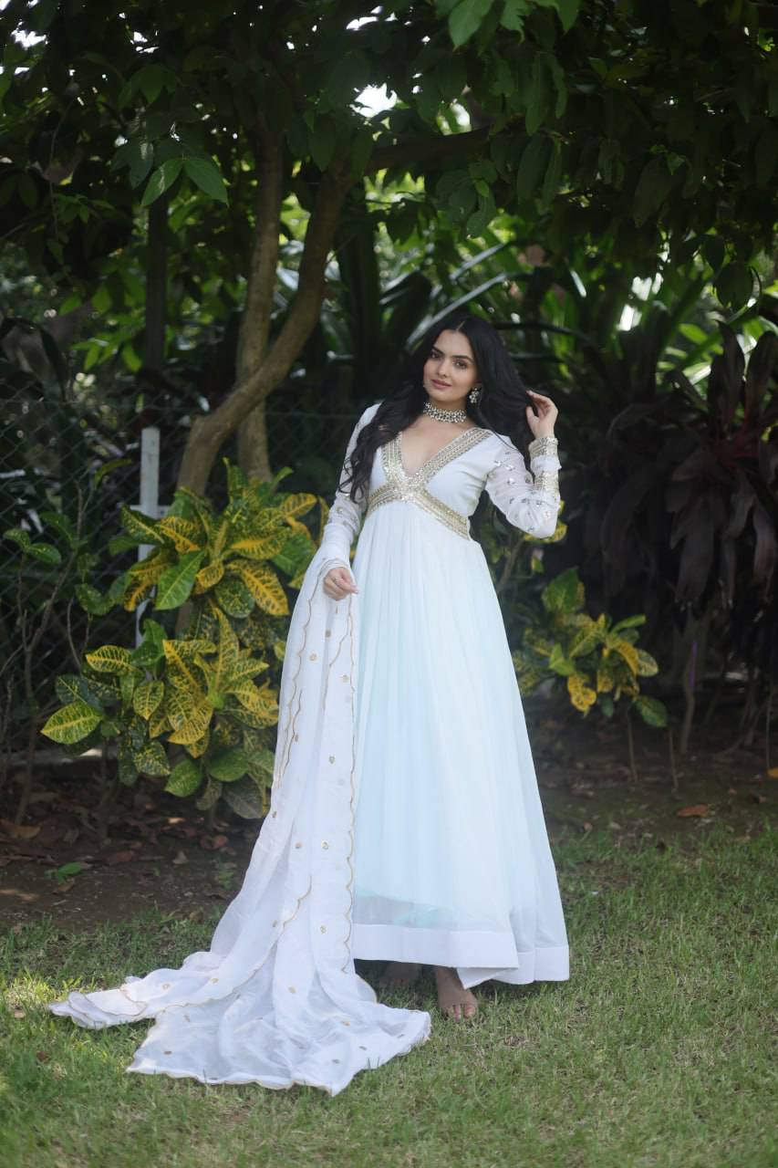 Glamorous Faux Georgette Zari Sequins Worked Gown - INDIAN ELEGANCE