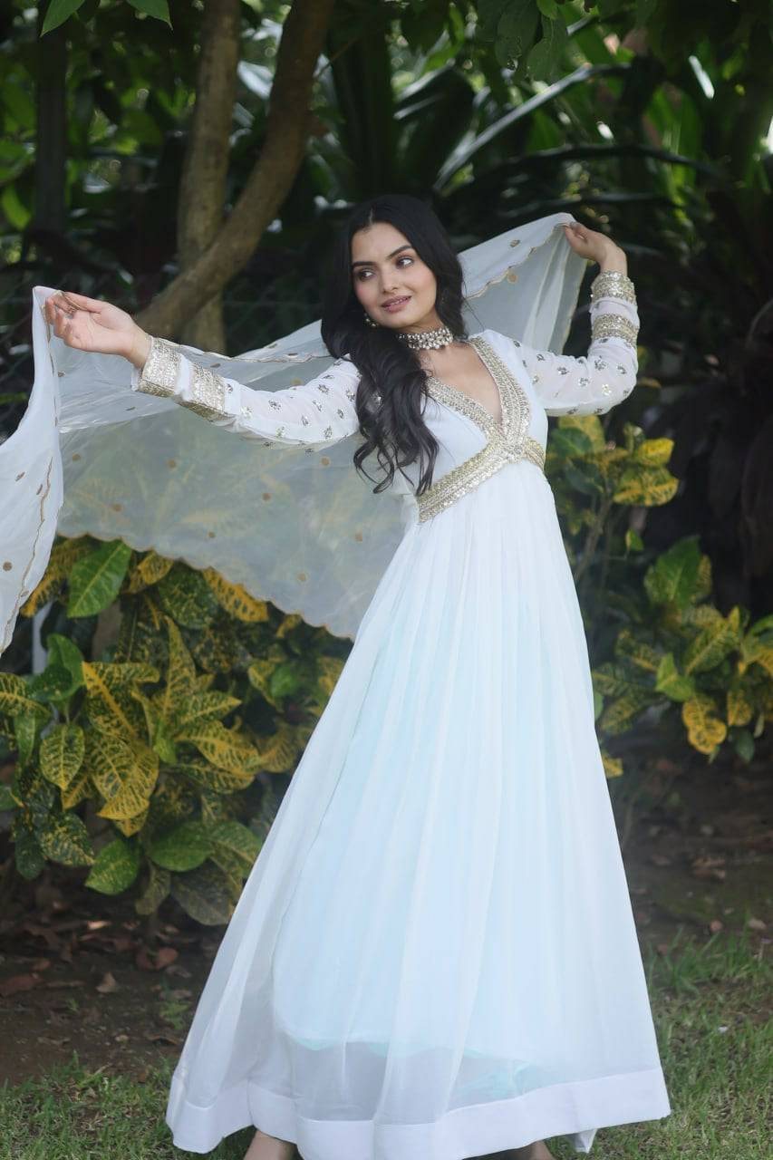 Glamorous Faux Georgette Zari Sequins Worked Gown - INDIAN ELEGANCE