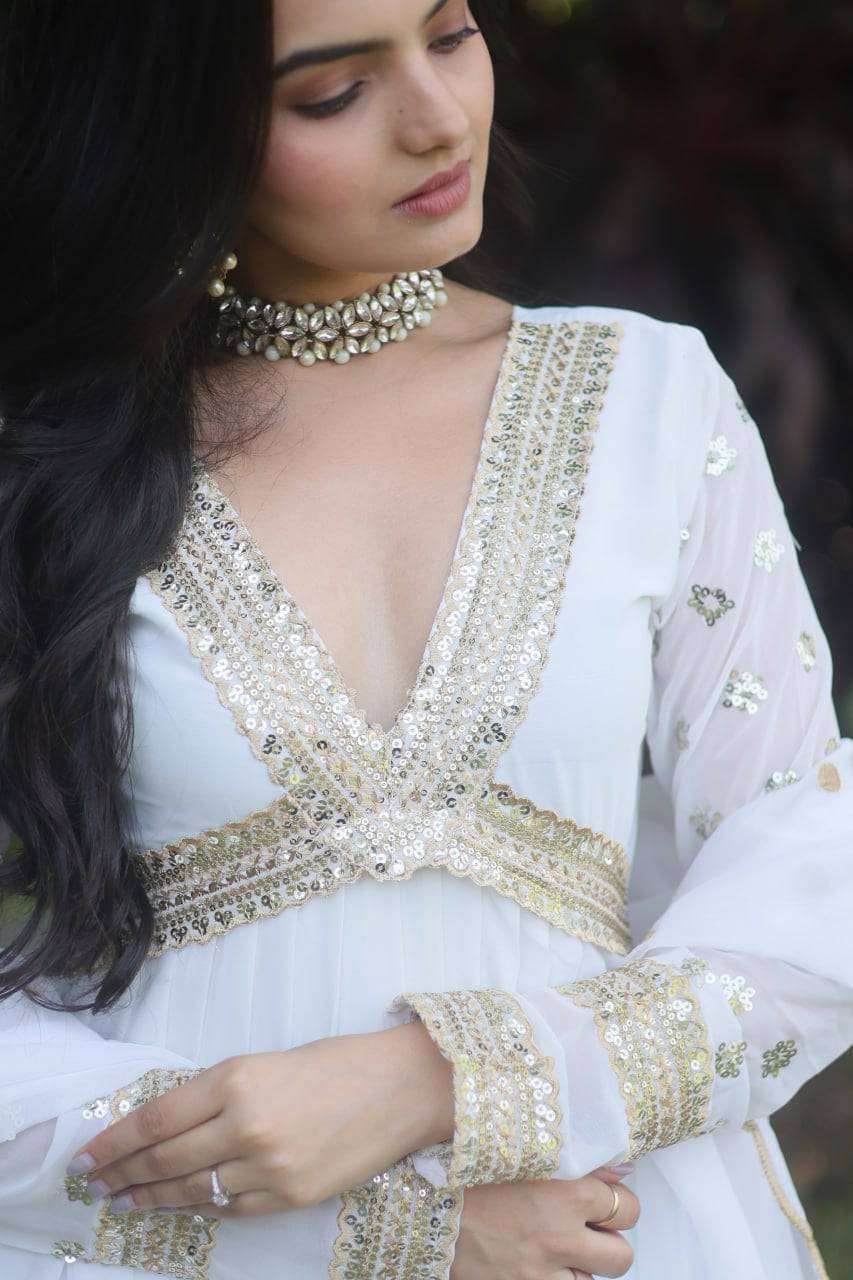 Glamorous Faux Georgette Zari Sequins Worked Gown - INDIAN ELEGANCE