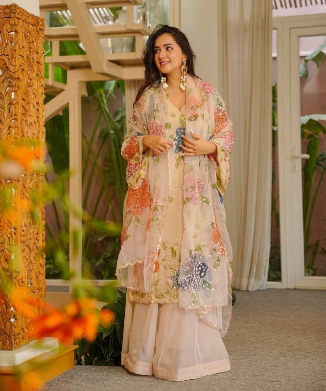 Wedding Wear Beige Tibby Organza Silk Sharara Suit Set with Floral Sequins Work Dupatta for woman