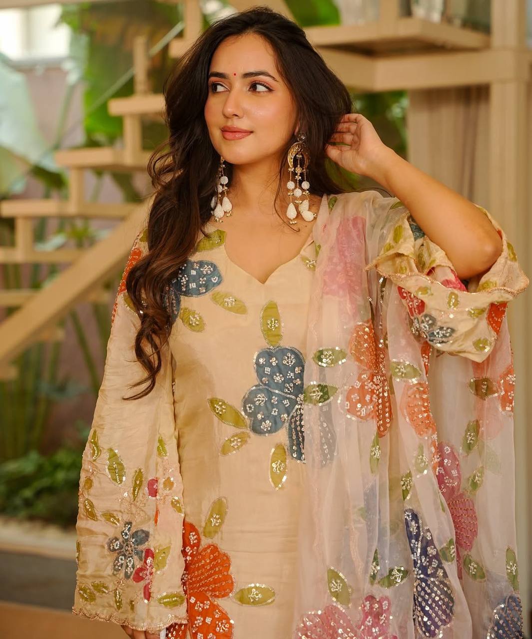Wedding Wear Beige Tibby Organza Silk Sharara Suit Set with Floral Sequins Work Dupatta for woman