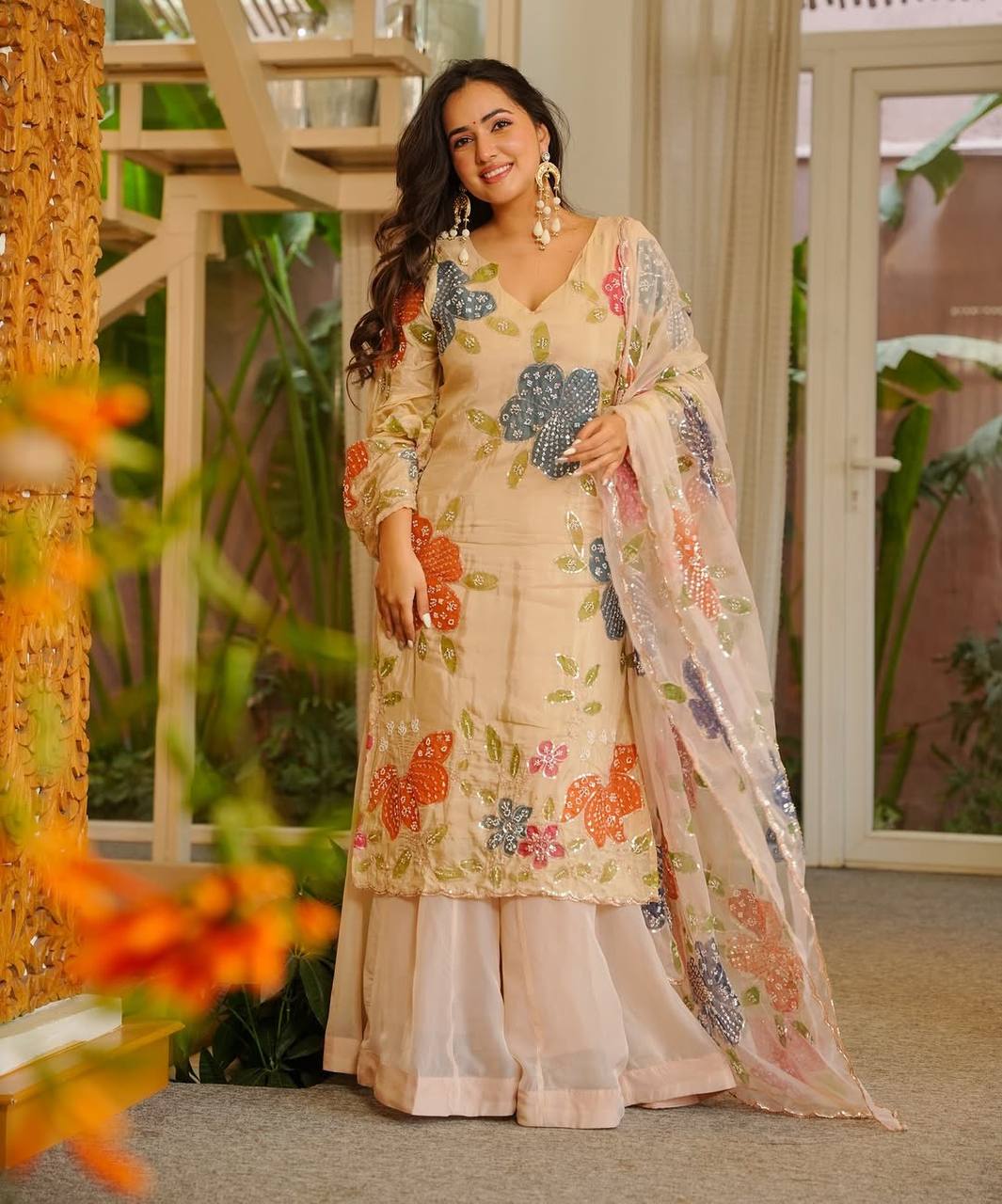 Wedding Wear Beige Tibby Organza Silk Sharara Suit Set with Floral Sequins Work Dupatta for woman