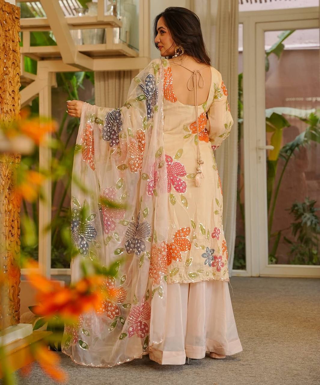 Wedding Wear Beige Tibby Organza Silk Sharara Suit Set with Floral Sequins Work Dupatta for woman