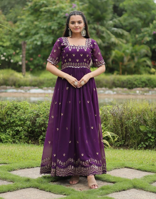 Striking Faux Georgette Zari Sequins Worked Stitched Gown - INDIAN ELEGANCE